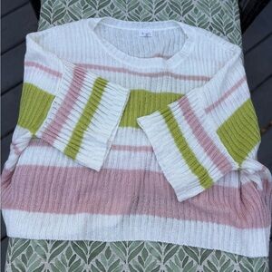 POL Women’s Open Knit Striped Sweater Size Medium  Pullover Pink Green
